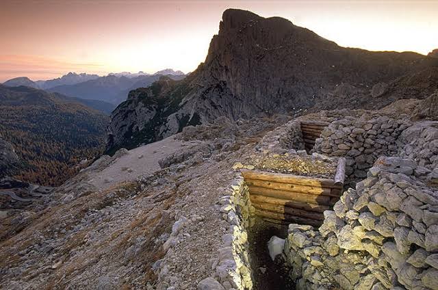 Restored First World War trenches on the Lagazuoi ridge at sunset