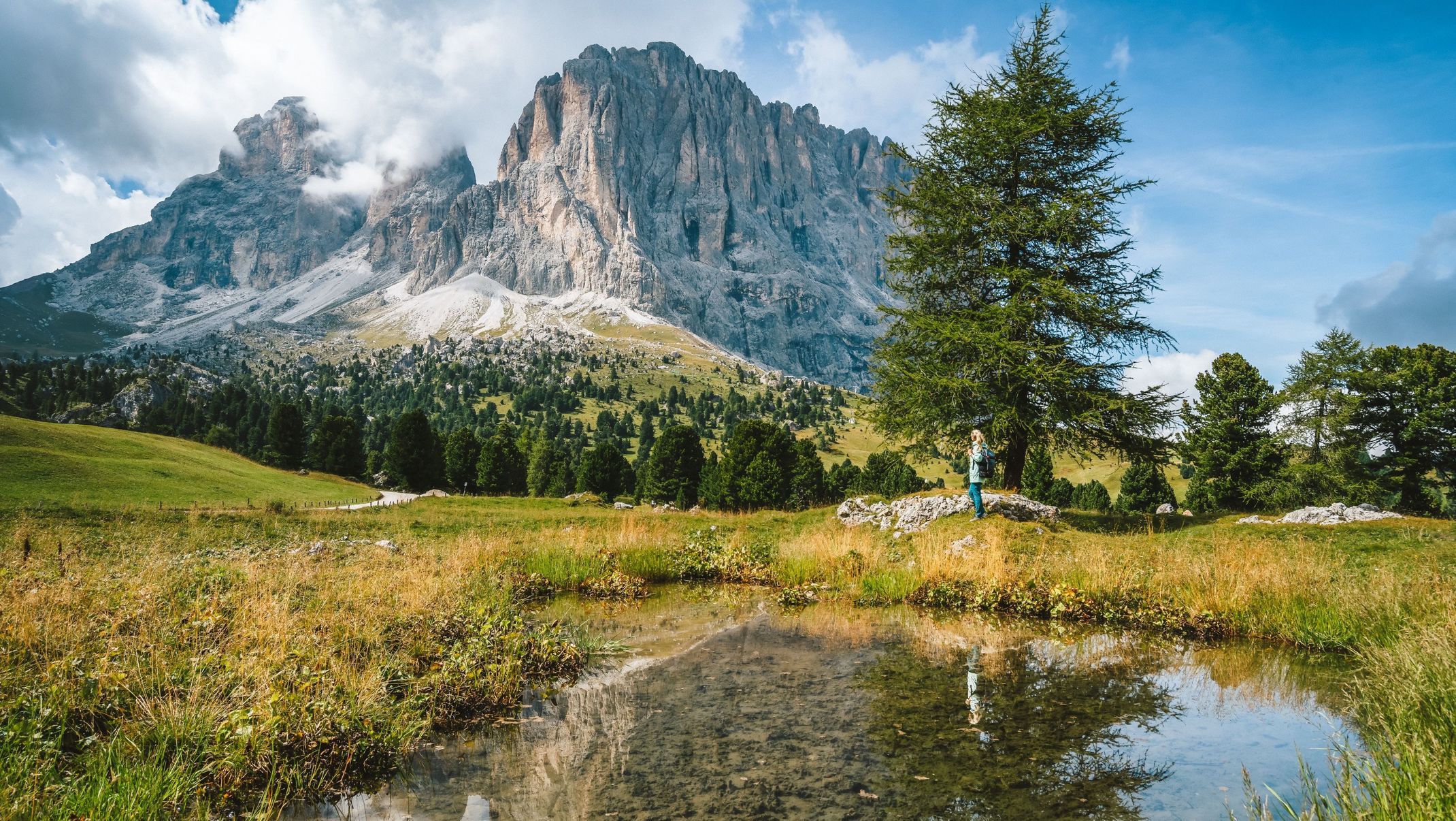 The Sella massif above the pastures near Passo Pordoi