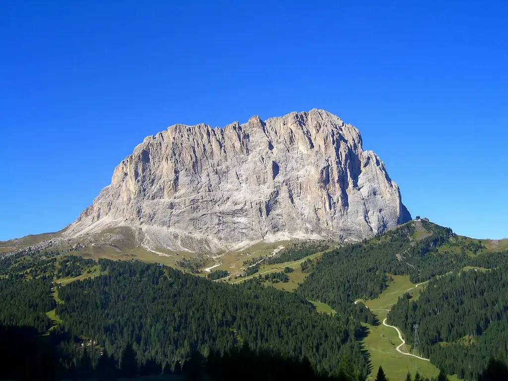 The Sassolungo massif above the forests of Val Gardena